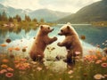 Two bear cubs play together