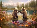 Two bear cubs play together