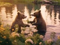 Two bear cubs play together