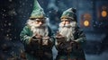 Two bearded elves carrying gifts on Christmas night, helpers of Santa Claus in winter, funny characters on snow background. Royalty Free Stock Photo