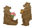 Two bears, a bear is standing and eating a honey in a pot, a bear is holding a bouquet. Vector illustration Royalty Free Stock Photo