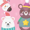 Two bears and snowman with scarf hat merry christmas card Royalty Free Stock Photo