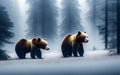 Two bears in a snowy forest at sunrise. Generative Al Illustration Royalty Free Stock Photo