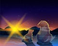 Two bears watching sunrise in the cold desert vector. Royalty Free Stock Photo