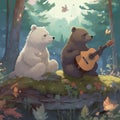 Two bears, white and brown, sitting in the forest and a bear playing the guitar, funny, cartoon illustration