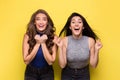 Two admired women screaming in surprise on yellow background
