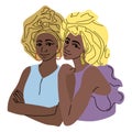Two beautiful African girls in headdresses. Vector illustration in cartoon style