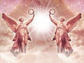 Two beautiful angels archangels standing togtehr in front of divibe rays of Light Royalty Free Stock Photo