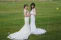 Two beautiful brides holding hands on the green field