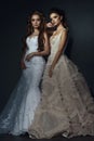 Two beautiful brides with perfect make up and hairstyle wearing luxurious wedding dresses.