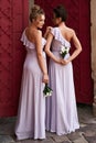 Two beautiful bridesmaids girls blonde and brunette ladies wearing elegant full length lavender violet tulle one Royalty Free Stock Photo