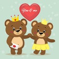 Two beautiful brown bears with crowns on their heads stand with their hands, a red heart in a cartoon style.