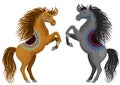 Two beautiful cartoon horses standing on their hind legs