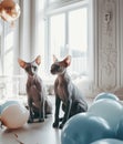 Two beautiful cats in a luxurious classic interior with balloons and decorations. Generative Ai