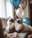 Two beautiful cats in a luxurious classic interior with balloons and decorations. Generative Ai