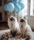 Two beautiful cats in a luxurious classic interior with balloons and decorations. Generative Ai