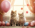 Two beautiful cats in a luxurious classic interior with balloons and decorations.