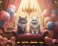 Two beautiful cats in a luxurious classic interior with balloons and decorations.