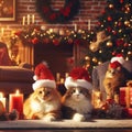 two beautiful cats wearing santa hats