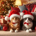 two beautiful cats wearing santa hats