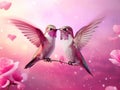 Two beautiful colorful hummingbirds in love fly together and kiss each other on a pink background