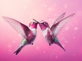 Two beautiful colorful hummingbirds in love fly together and kiss each other on a pink background