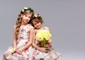 Two beautiful cute girls - sisters in beautiful dresses in wreaths of fresh flowers on their heads are sitting and hugging in the Royalty Free Stock Photo