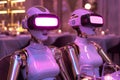 Two beautiful female androids with holographic VR headsets. Royalty Free Stock Photo