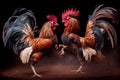 two beautiful fighting roosters preparing for fight in arena