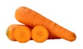 Two beautiful fresh orange carrots with slices in stack isolated on white background with clipping path. Close up of healthy Royalty Free Stock Photo