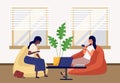 Two beautiful friends women talking friendly while drinking coffee, vector illustration office space Royalty Free Stock Photo