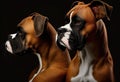 Two beautiful german boxer dogs posing on black background isolated Royalty Free Stock Photo