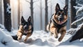 Two beautiful German shepherds run through the snow in a forest.