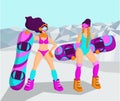 Two beautiful girl-snowboarders in swimsuits, snow boots and glasses stand on the side of the mountain with snowboards in their