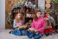 Two beautiful girls posing in Christmas decorations Royalty Free Stock Photo