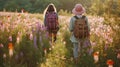 Two beautiful girls tourist hiking landscape photo. Yellow flowers field nature blossom outdoor holiday backpack