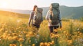 Two beautiful girls tourist hiking landscape photo. Yellow flowers field nature blossom outdoor holiday backpack