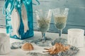 Two beautiful glasses of white wine with marine decoration on a white wooden table Royalty Free Stock Photo