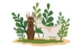 Two beautiful goat with long horns stands in a clearing surrounded by tall green plants