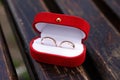 Two beautiful golden wedding rings in red box Royalty Free Stock Photo