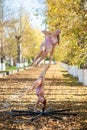 Two beautiful gymnasts do pair tricks on a portable platform in a beautiful autumn park. Two friends in the same body