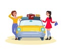 Two Beautiful happy girls going to holiday trip by retro car. Suitcases on top. Driving, trip, travel concept. Vector Royalty Free Stock Photo