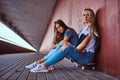 Two beautiful hipster girls sitting on skateboard at a sidewalk under bridge. Royalty Free Stock Photo