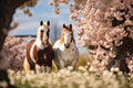 Two beautiful horse run gallop on flowers field with blue sky behind Royalty Free Stock Photo