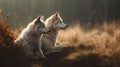 Two beautiful husky dogs sitting in the meadow at sunset.