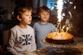 Two beautiful kids, little preschool boys celebrating birthday and blowing candles on homemade baked cake, indoor Royalty Free Stock Photo