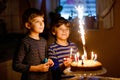 Two beautiful kids, little preschool boys celebrating birthday and blowing candles on homemade baked cake, indoor Royalty Free Stock Photo