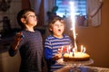 Two beautiful kids, little preschool boys celebrating birthday and blowing candles Royalty Free Stock Photo
