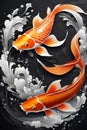 Two beautiful koi fish in calligraphy style, with splash effect, ink blobs, top down view, painted