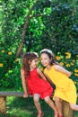 Two beautiful  little girls having fun and embracing  at meadow at summer day Royalty Free Stock Photo